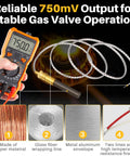 Thermopile replacement for gas fryer; 38-inch aluminum thermocouple with braided leads, shown with handheld meter