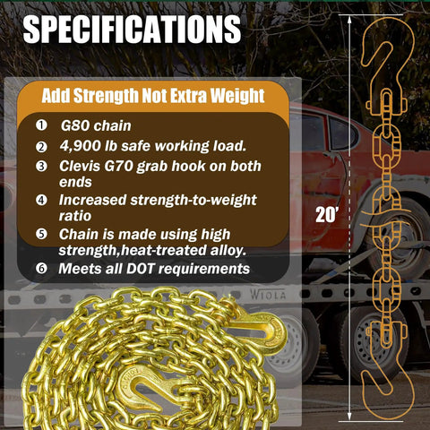 G80 Transport Chain 5 By 16 Inch By 20 Feet With Clevis Grab Hooks, zinc yellow finish for reliable vehicle towing and hauling