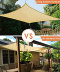Comparison of triangle sun shade sails: using hardware kit versus no kit, showing taut and sagging installations outdoors.