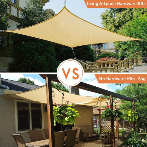 Comparison of triangle sun shade sails: using hardware kit versus no kit, showing taut and sagging installations outdoors.