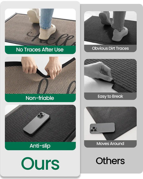 Comparison of Hello Door Mat 17x30 No Slip Durable Rubber Entrance Doormat with others showing no traces, non-fray, and anti-slip features.