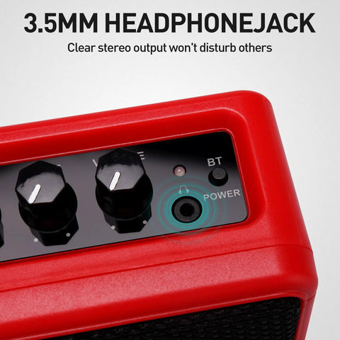 Mini 5W Electric Guitar Practice Amp With Clean And Overdrive Modes, Bluetooth Streaming, Headphone Jack on red amp