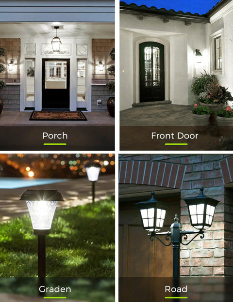 Outdoor A19 LED Dusk Till Dawn Light Bulbs illuminating porch, front door, garden, and road at night in various outdoor settings.