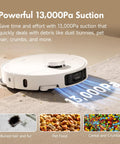 P10 Pro Ultra Robot Vacuum with 13,000 Pa suction showing powerful cleaning on debris in carpet