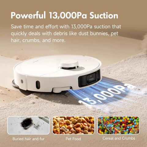 P10 Pro Ultra Robot Vacuum with 13,000 Pa suction showing powerful cleaning on debris in carpet