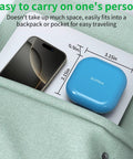 Portable 4 Compartment Pill Organizer Mini Travel Pill Box easy to carry, shown fitting in a pocket with a phone for scale.