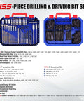 WORKPRO 455-piece drill and screwdriver bit set in blue double-sided storage cases with titanium twist drill bits.