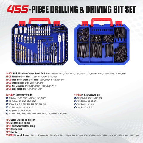 WORKPRO 455-piece drill and screwdriver bit set in blue double-sided storage cases with titanium twist drill bits.