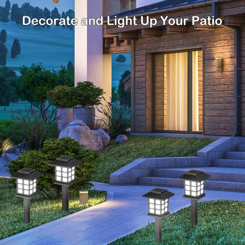 20 Pack Solar Pathway Lights For Outdoors illuminating patio and walkway with cold white glow, surrounded by garden landscape