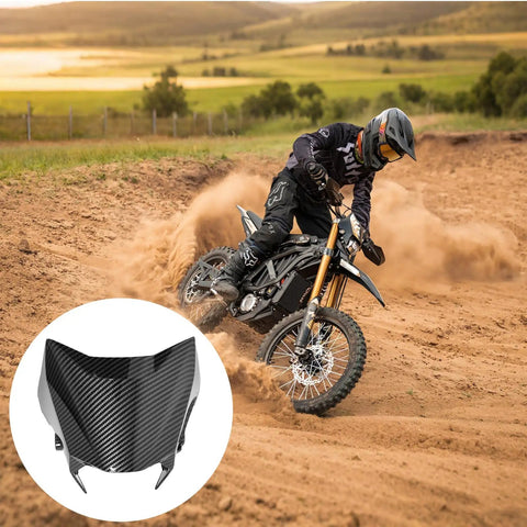 Rider on dirt bike with insert of Ultra Bee Headlight Cover With Dope Carbon Fiber Look Fender Mud Guard for off-road use.