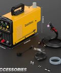 Pilot Arc Plasma Cutter 50A Dual Voltage 110 To 220V With LED Display And Air Sensor with accessories and dimensions visible
