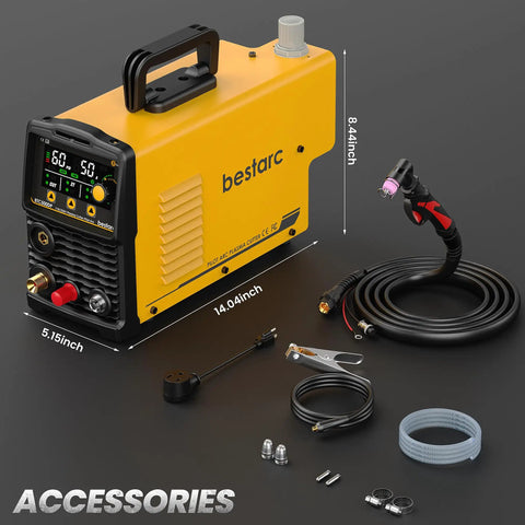 Pilot Arc Plasma Cutter 50A Dual Voltage 110 To 220V With LED Display And Air Sensor with accessories and dimensions visible