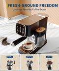 Top Shelf 20 Bar Espresso Machine With Bright Touch Panel For Six One Touch Drinks And Smooth Milk Frother Compact Brewer showing espresso being brewed.