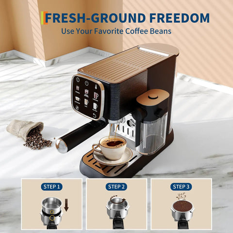 Top Shelf 20 Bar Espresso Machine With Bright Touch Panel For Six One Touch Drinks And Smooth Milk Frother Compact Brewer showing espresso being brewed.