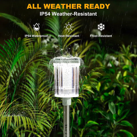 Super Bright Solar Pathway Lights 10 Pack For Outdoor Use IP54 Waterproof Garden Lights in rain demonstrating weather resistance