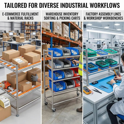 No Nonsense Heavy Duty Stainless Steel Flow Rack With Automatic Gravity Roller Track For Warehouse Packing Stations And Assembly Lines Smooth Cartons Slide Right Up To Cut Search Time And Level Up Your Inventory Game 100X80X100CM in a warehouse setting with boxes and sorting bins.