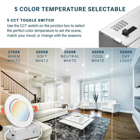 Five color temperature switch for Six Pack 4 Inch LED Gimbal Eyeball Recessed Lighting Canless Ceiling Light With J Box