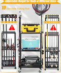 Adjustable Height Fishing Rod Holder Rack For Ten Rods Durable Pole Organizer For Garage Basement Or Indoor Storage Keeps Spinning And Offshore Gear Secure And Ready To Grab image showing rods organized in a black rack with casters.