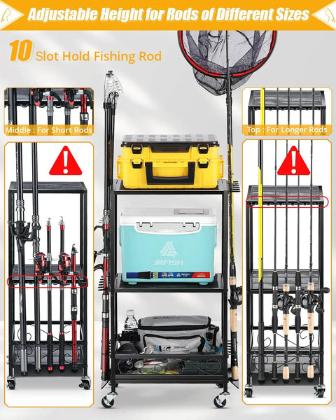 Adjustable Height Fishing Rod Holder Rack For Ten Rods Durable Pole Organizer For Garage Basement Or Indoor Storage Keeps Spinning And Offshore Gear Secure And Ready To Grab image showing rods organized in a black rack with casters.