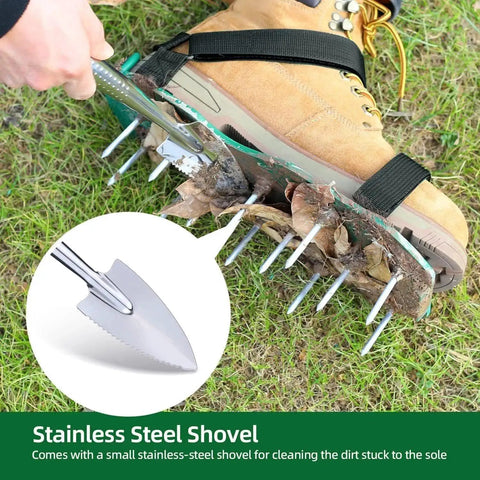 Universal Fit Lawn Aerator Shoes With Two Inch Spikes And Adjustable Straps, Easy To Assemble, includes stainless steel shovel