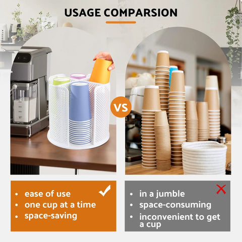 Comparison of Rotating Cup Dispenser With Four Compartments And Lid Holder 360 Degree Tray and messy cup stack on countertop