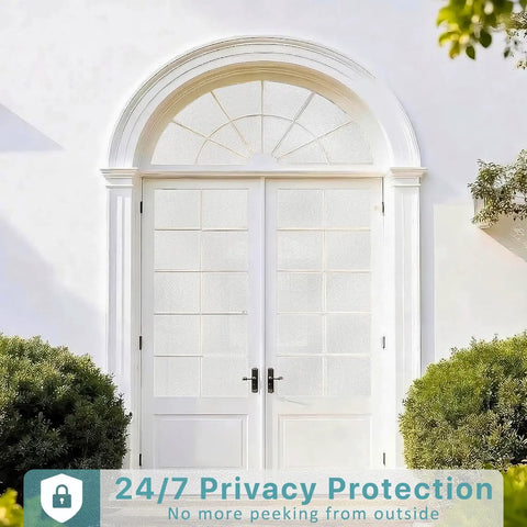 Frosted Glass Window Privacy Film Static Cling For Home And Bathroom Soft Light Diffusion UV Blocking And Anti Glare Day And Night Privacy Window Covering 17.5 Inch By 78.7 Inch on white French doors with decorative arch