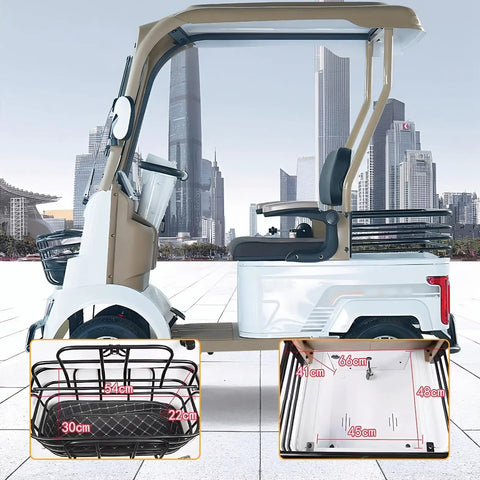 Heavy Duty Four Wheel Electric Golf Cart With 800W Motor And Built In Reverse Camera showcasing side view and trunk dimensions.