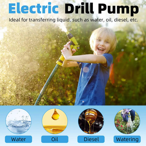 Child using Two Pack Drill Powered Fluid Transfer Pump to spray water outdoors, showcasing easy liquid transfer for various uses.