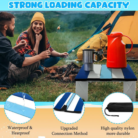 Foldable Beach Table For Picnics And Camping, Portable Aluminum Side Table With Navy Striped Design at campsite, strong load