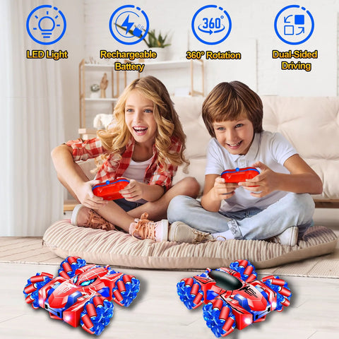 GDRic Spider remote control cars, two red and blue 4WD stunt RC cars with LED lights for indoor play.