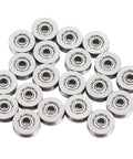 20 pcs V Groove Ball Bearing Set 3x12x4mm for rail track linear motion, carbon steel build, arranged in rows.