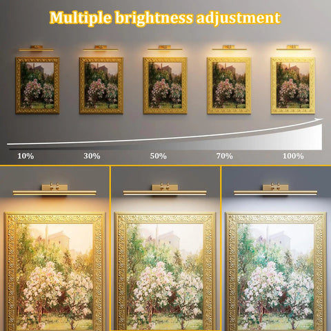 Cordless Battery Operated Picture Light multiple brightness levels over framed artwork; 13.8 inch gold finish for gallery use. 