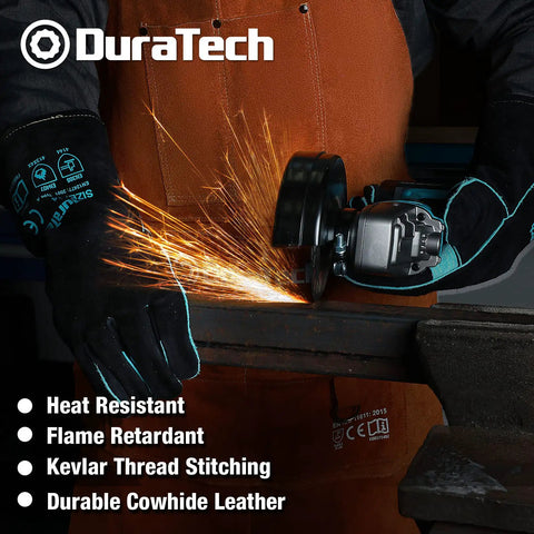 Person wearing Leather Welding Apron 23x36 Inches Full Split Cowhide Heavy Duty Work Apron With 6 Tool Pockets using grinder with sparks