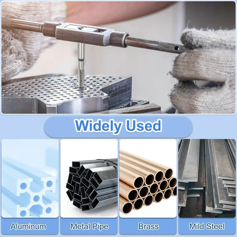 Top Shelf High Speed Steel Hand Tap Set Featuring Taper Plug And Bottoming Styles For Size Four To Forty Eight Unf Threads in use on aluminum.
