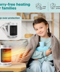Smart 1500W Space Heater With WiFi Thermostat Remote And 12 Hour Timer Delivers Fast Even Indoor Heat For Living Rooms And Offices With Ceramic PTC Heating For Cozy Comfort All Winter shown with child protecting from heat