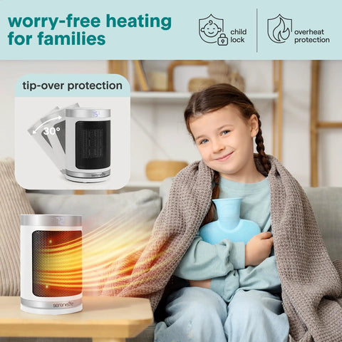 Smart 1500W Space Heater With WiFi Thermostat Remote And 12 Hour Timer Delivers Fast Even Indoor Heat For Living Rooms And Offices With Ceramic PTC Heating For Cozy Comfort All Winter shown with child protecting from heat
