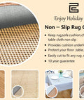 Stay Put Non Slip Area Rug Pad Gripper 5x8 Feet With Strong Grip showing uses on floor, table, and sofa with product features.