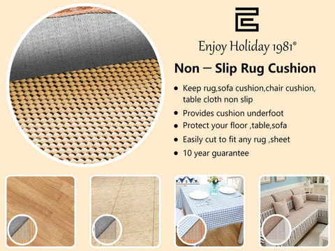 Stay Put Non Slip Area Rug Pad Gripper 5x8 Feet With Strong Grip showing uses on floor, table, and sofa with product features.