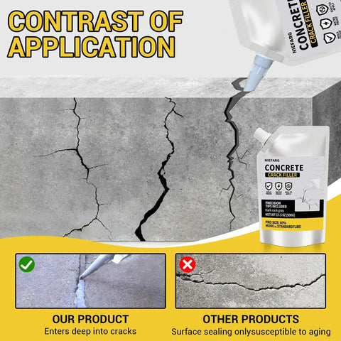 Comparison of self leveling concrete crack filler and standard products, highlighting deep penetration of cracks with product use