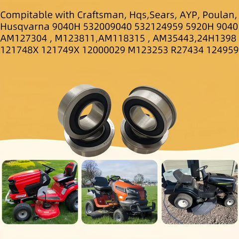 Front Wheel Bushing To Bearing Conversion Kit For Craftsman Lawn Tractors LT2000 And LGT2654 8 Piece Set With 4 Front Wheel Flange Bearings, shown with compatible mower models