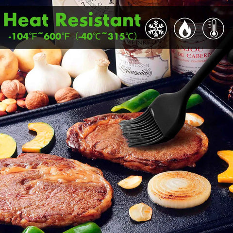 600 Degree Fahrenheit Heat Resistant Silicone Basting Brush Set for BBQ Grilling shown glazing steak on grill pan