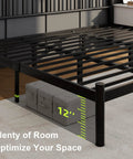 Classic King Size Metal Bed Frame With Sculpted Headboard And Vintage Romance Vibes Built Rock Solid On Thick Black Steel With Thirteen Hardened Slats For A Dead Silent Rest Plus Twelve Inch Underbed Storage For Super Easy Room Setup, showing 12 inches of storage space.