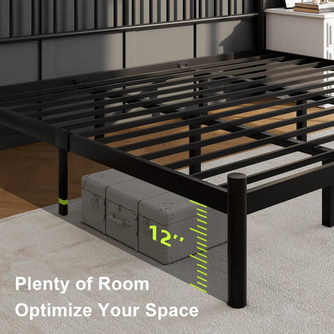 Classic King Size Metal Bed Frame With Sculpted Headboard And Vintage Romance Vibes Built Rock Solid On Thick Black Steel With Thirteen Hardened Slats For A Dead Silent Rest Plus Twelve Inch Underbed Storage For Super Easy Room Setup, showing 12 inches of storage space.