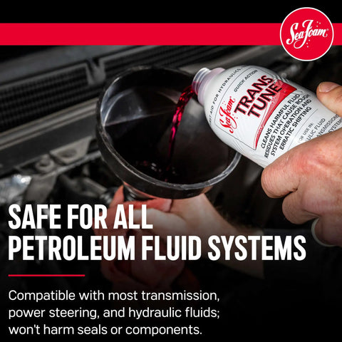 Automatic Transmission Fluid Treatment Scrapes Gritty Sludge To Keep Shifts Snappy And Smooth While Safely Dissolving Hardened Varnish Buildup From Valve Bodies In 16 Oz Bottle being poured into funnel.