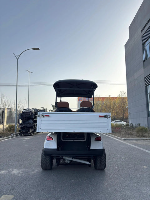 Pull Up In Style With This Badass Two Seater Golf Cart Featuring A Rock Solid Aluminum Cargo Bed 48V Lithium Battery Epic 4Kw Motor Sweet Directional Handling And Vibrant Yellow Paint For Total Neighborhood Dominance, rear view on a road.