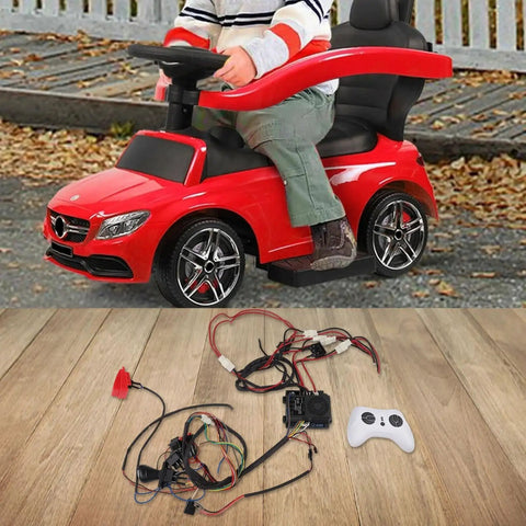 Child riding a red toy car, Wiring Harness Conversion Kit For Ride On Cars 12V To 24V 40A High Power Controller displayed below.