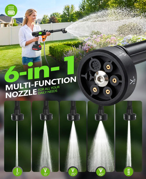 Woman using Cordless Car Washing Tool With 6 In 1 Nozzle And Foam Cannon in garden