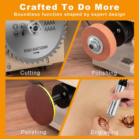 Do-It-All 69-Piece Jewelry Making Polisher Kit showcasing cutting, polishing, and engraving tools in use on metal and wood.