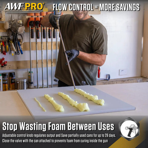 Person using Pro Spray Foam Gun With Two Foot Long Nozzle For Tight Gaps on tabletop with foam lines