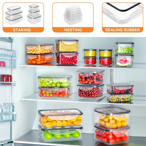40 Piece Food Storage Container Set with Airtight Lids Stackable Plastic Meal Prep Containers in fridge with organized food